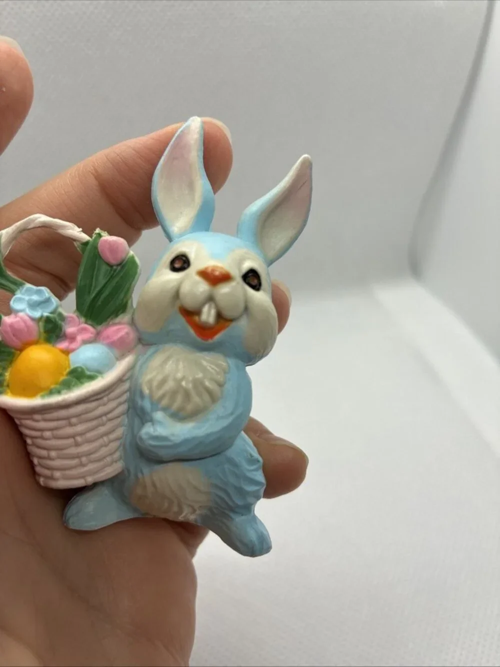 Vintage Blue Easter Bunny Figurine Basket Eggs Flowers Spring Rabbit Decor